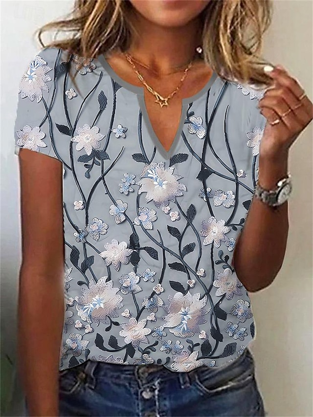 Elegant Leaf Print Henley Tee with V-Neck - Stylish and Versatile Short Sleeve Shirt for Casual Weekends and Holiday Wear