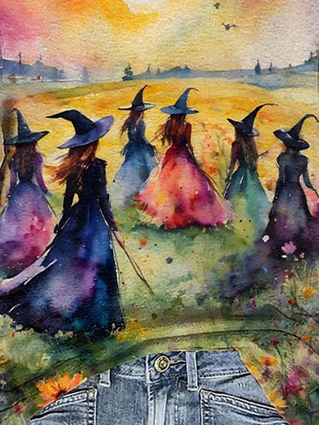 Trendy Halloween Witch Print Short Sleeve Crew Neck T-Shirt in Yellow for Summer Casual Wear